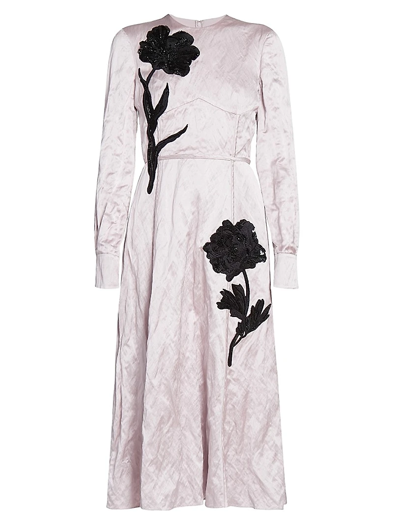 Satin Floral Long-Sleeve Midi-Dress