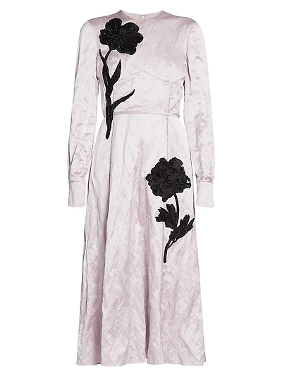 Satin Floral Long-Sleeve Midi-Dress