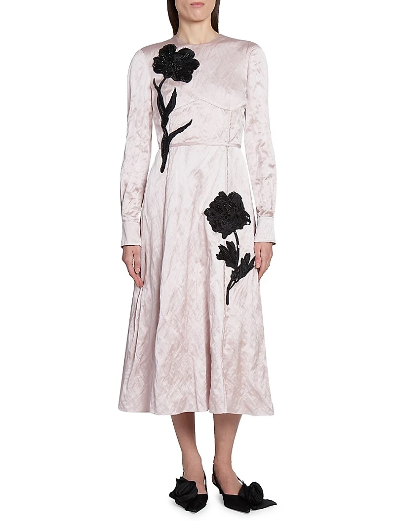Satin Floral Long-Sleeve Midi-Dress