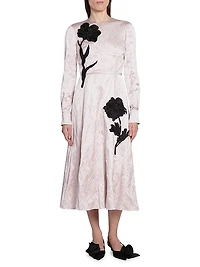 Satin Floral Long-Sleeve Midi-Dress