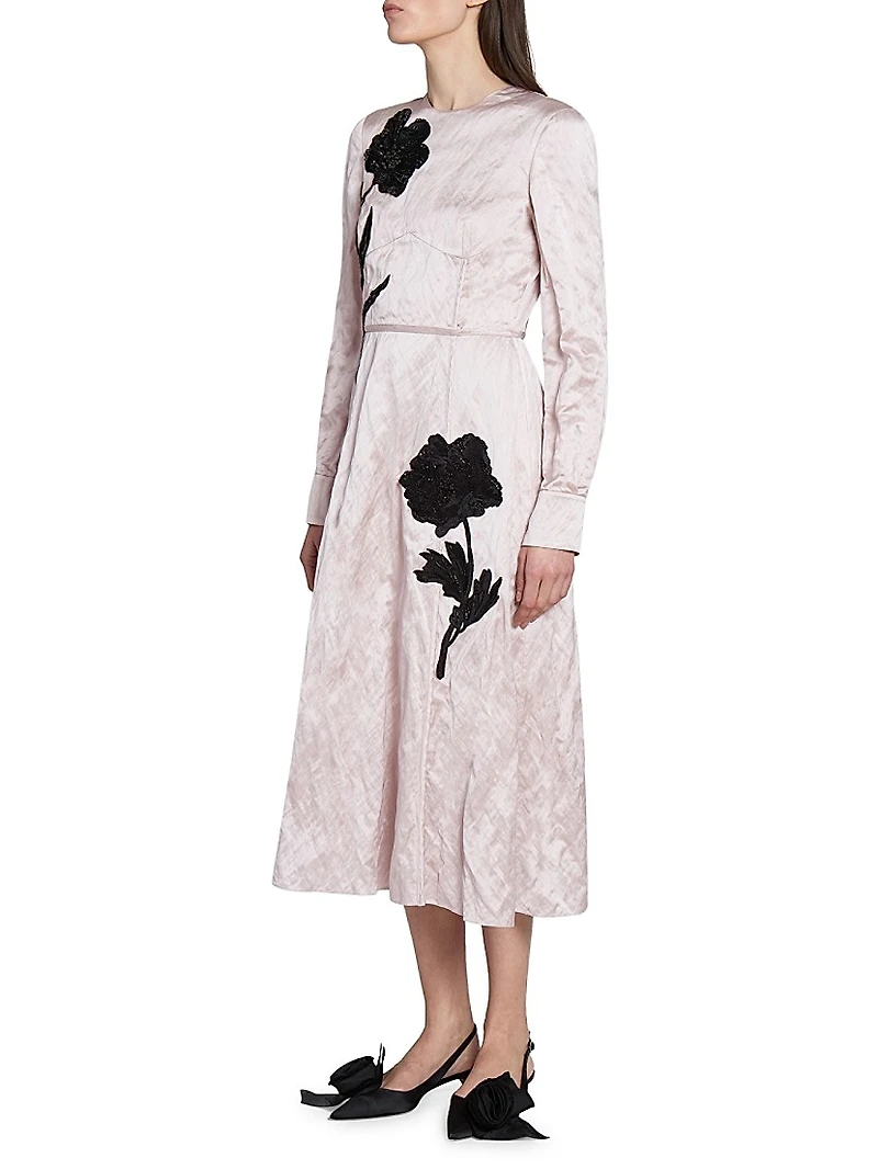 Satin Floral Long-Sleeve Midi-Dress