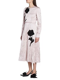 Satin Floral Long-Sleeve Midi-Dress