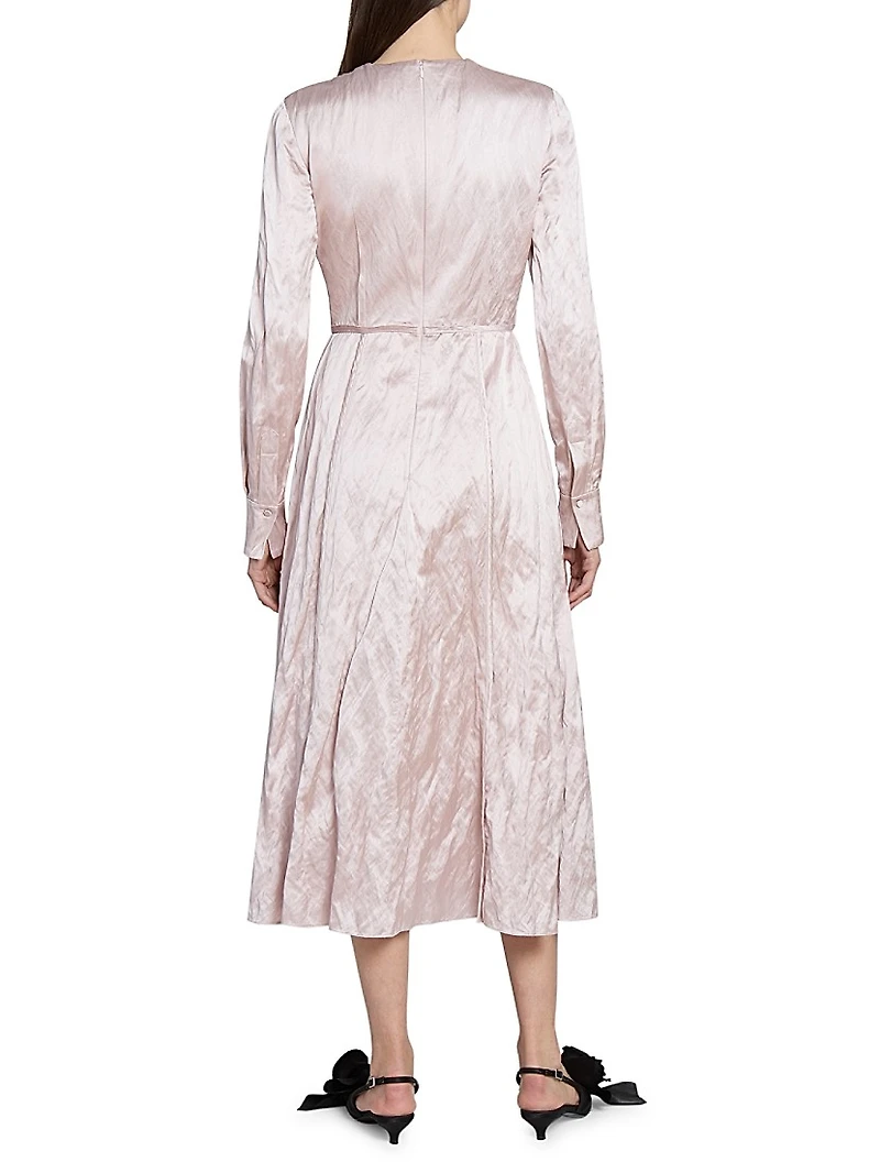 Satin Floral Long-Sleeve Midi-Dress