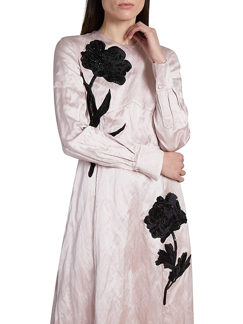 Satin Floral Long-Sleeve Midi-Dress