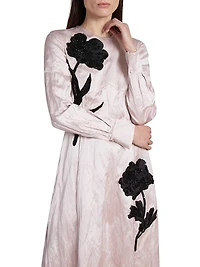 Satin Floral Long-Sleeve Midi-Dress
