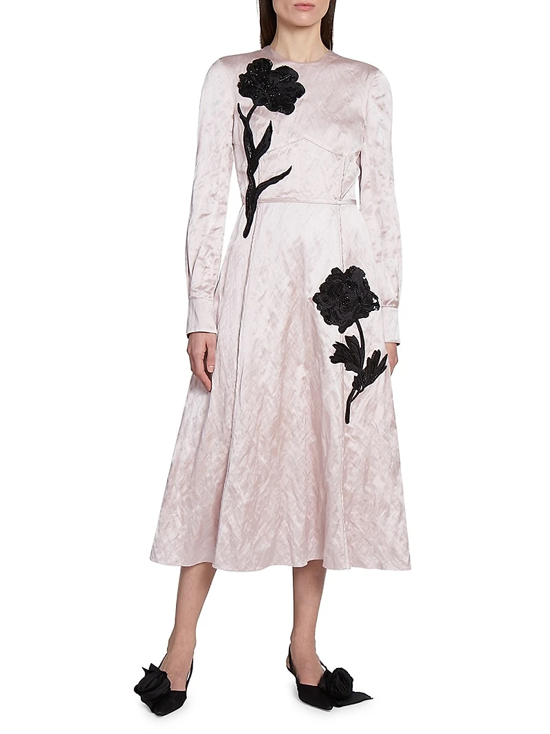 Satin Floral Long-Sleeve Midi-Dress
