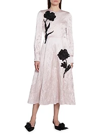 Satin Floral Long-Sleeve Midi-Dress