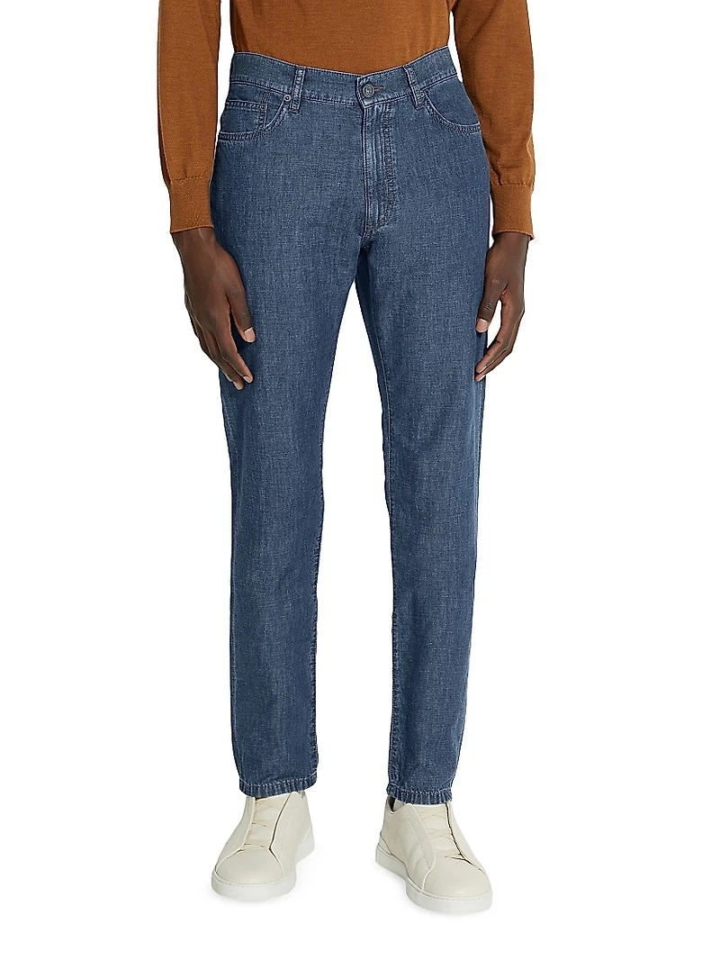 Rinse-Washed Cotton and Linen Roccia Jeans