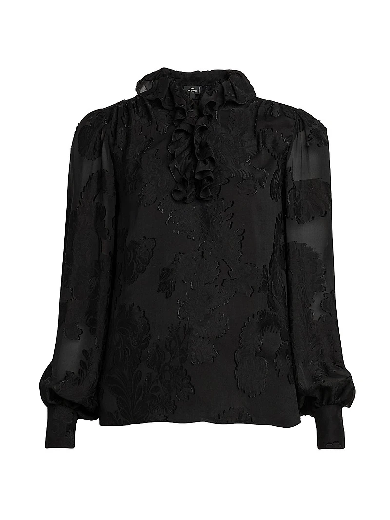 Floral Jacquard Ruffle Blouse