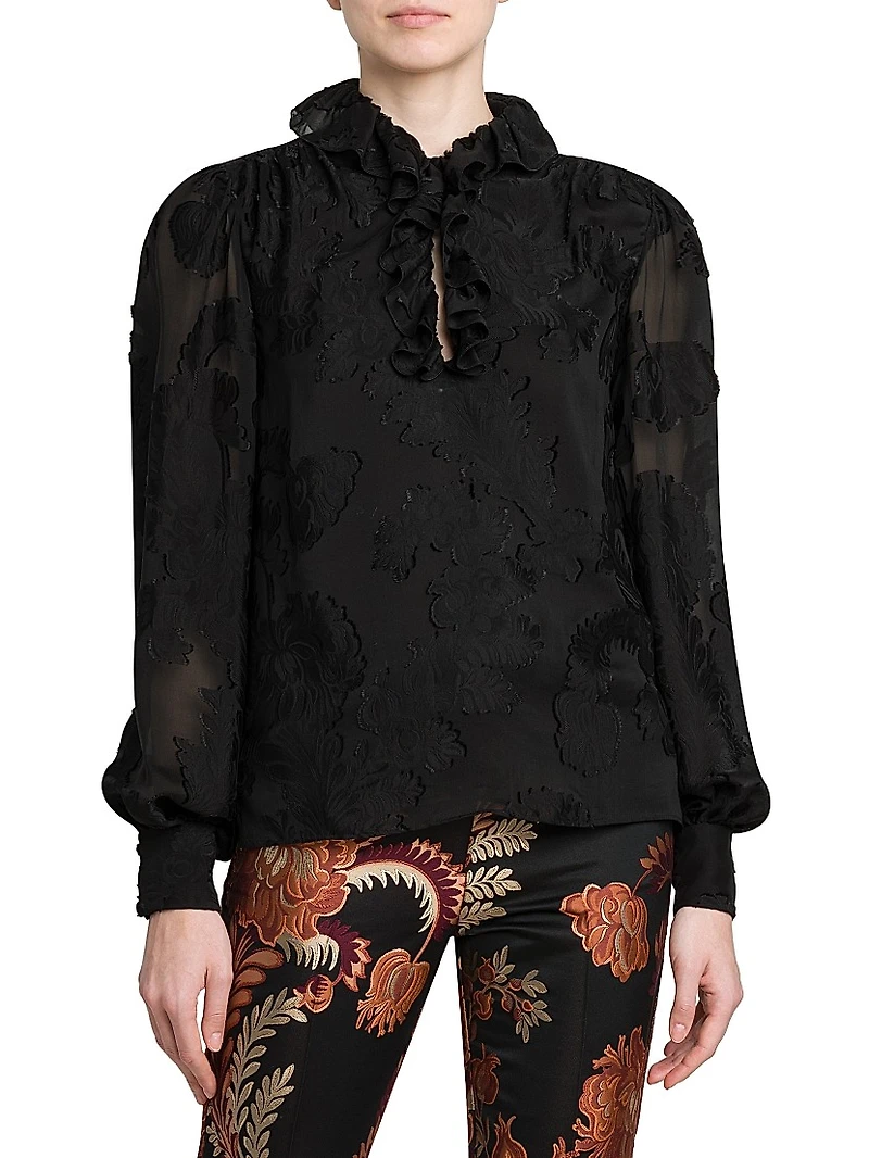 Floral Jacquard Ruffle Blouse
