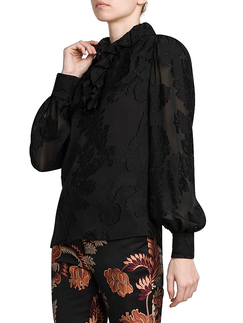 Floral Jacquard Ruffle Blouse