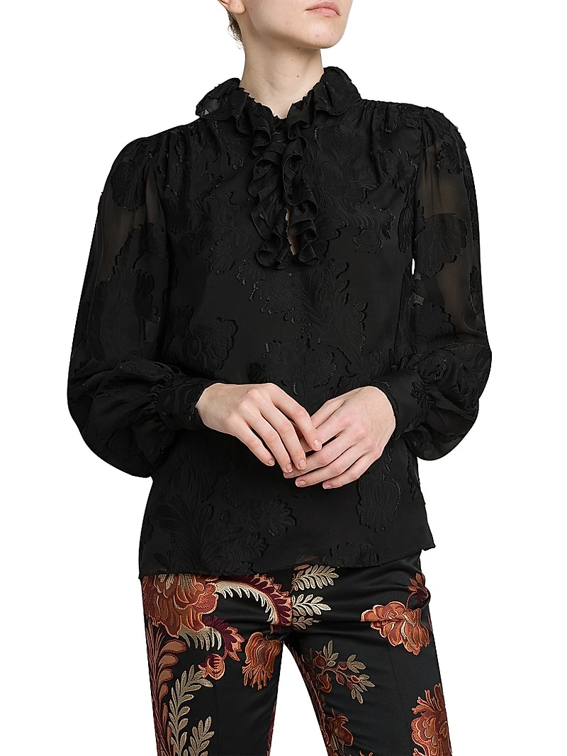 Floral Jacquard Ruffle Blouse