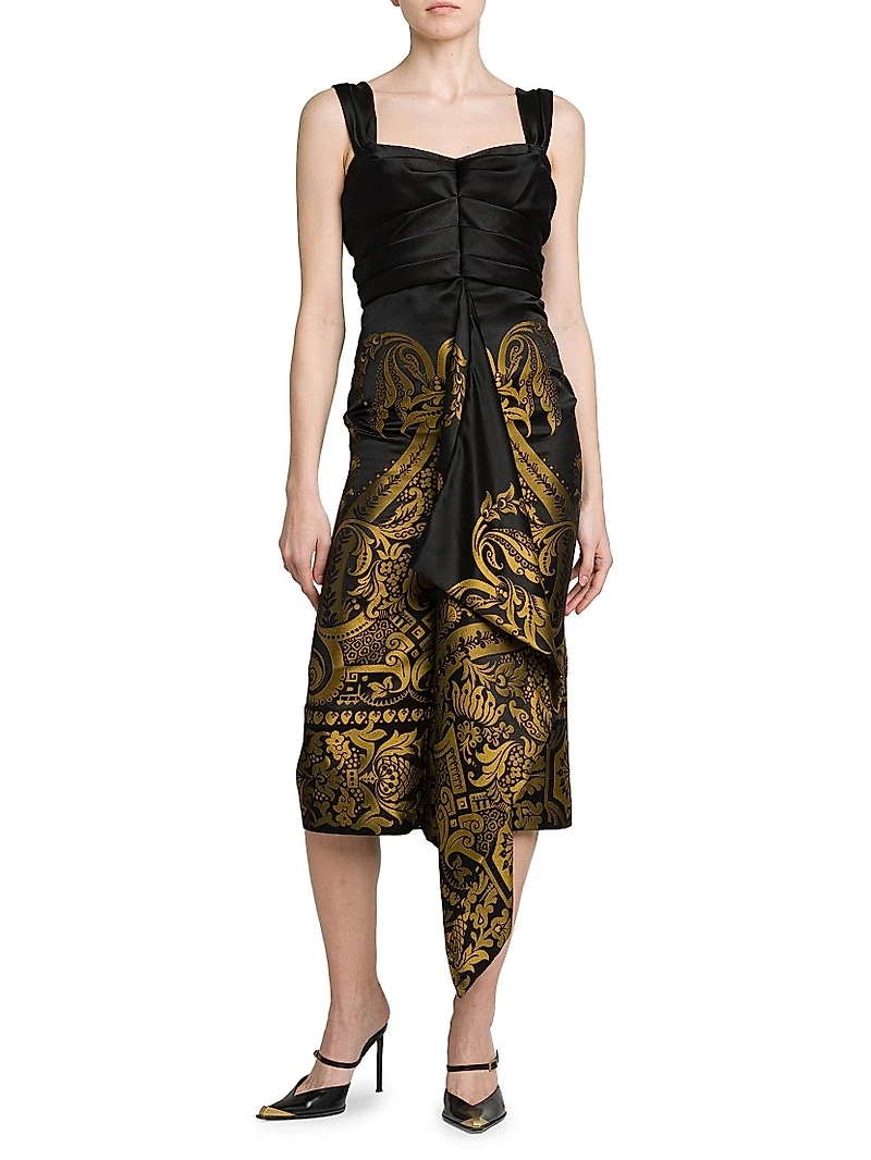 Filigree Print Draped Midi-Dress