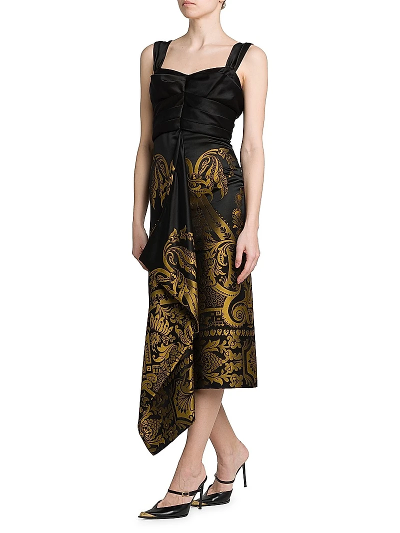 Filigree Print Draped Midi-Dress
