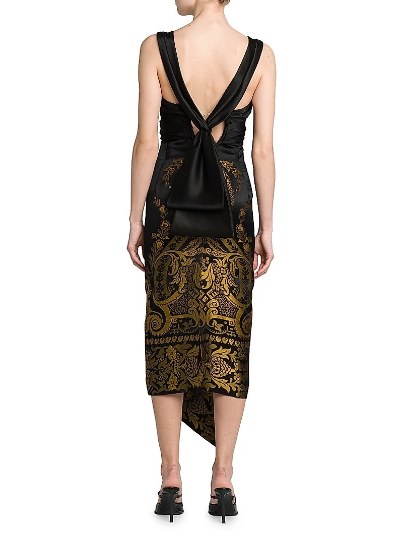 Filigree Print Draped Midi-Dress