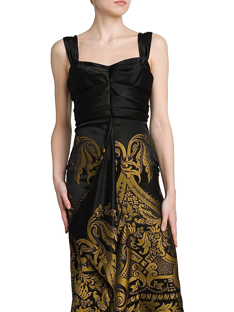 Filigree Print Draped Midi-Dress