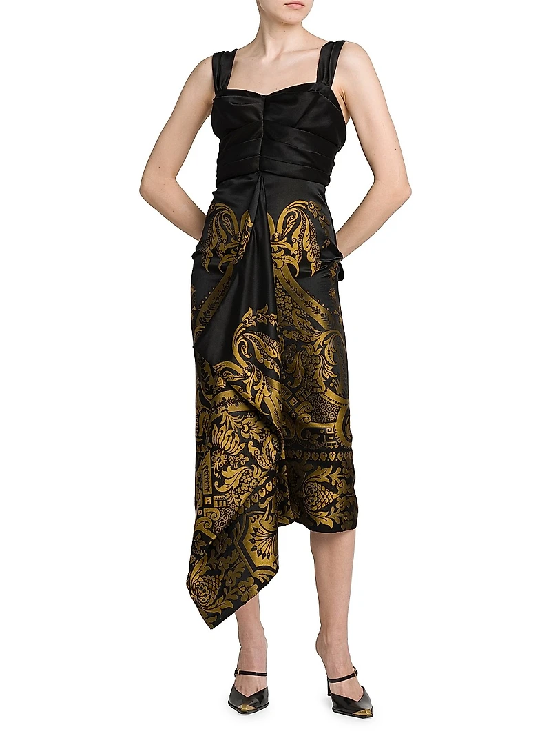 Filigree Print Draped Midi-Dress
