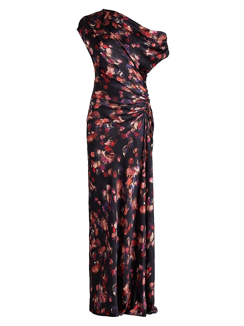 Poppy Abstract Stretch-Silk Ruched Gown