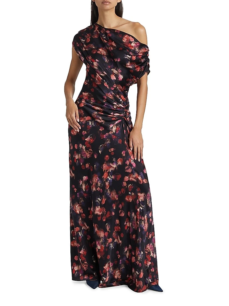 Poppy Abstract Stretch-Silk Ruched Gown