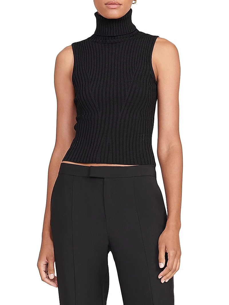 Callum Rib-Knit Sleeveless Turtleneck Top