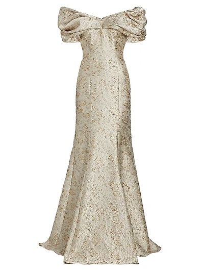 Metallic Jacquard Off-The-Shoulder Gown