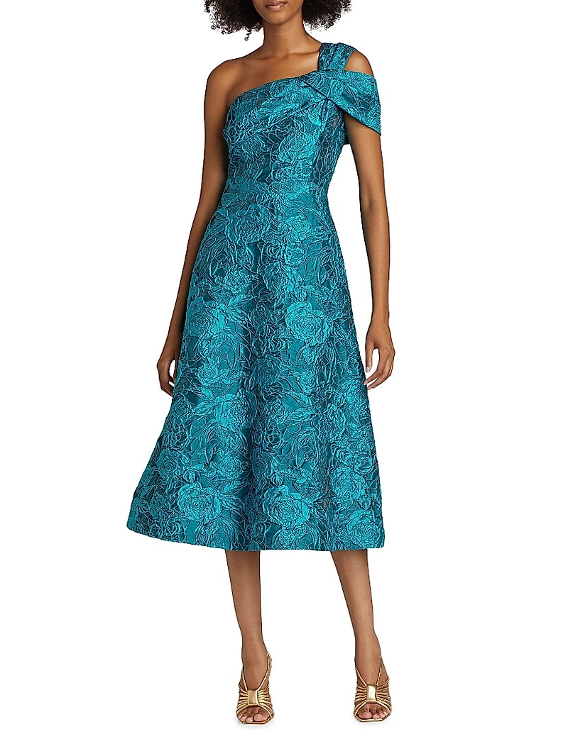 Floral Jacquard One-Shoulder A-Line Midi-Dress