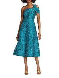 Floral Jacquard One-Shoulder A-Line Midi-Dress