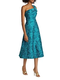 Floral Jacquard One-Shoulder A-Line Midi-Dress