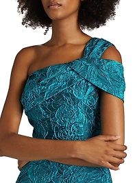 Floral Jacquard One-Shoulder A-Line Midi-Dress