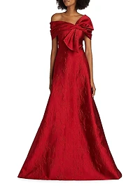 Floral Jacquard Bow-Shoulder Gown