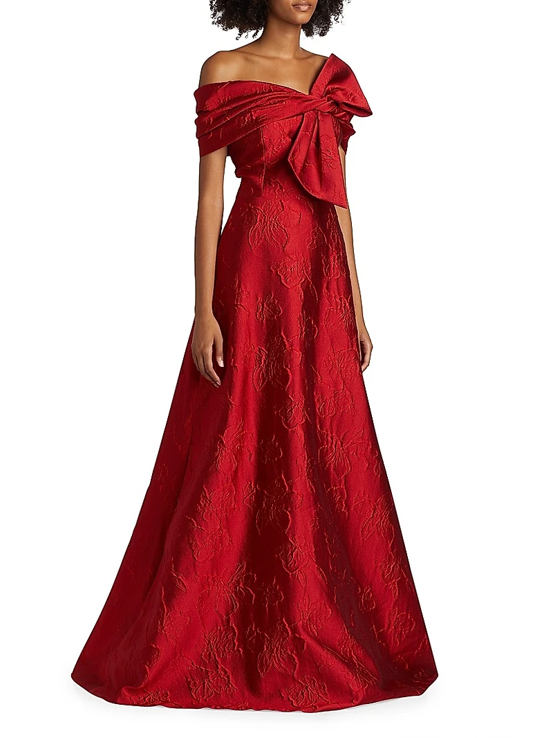 Floral Jacquard Bow-Shoulder Gown