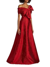 Floral Jacquard Bow-Shoulder Gown