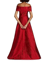 Floral Jacquard Bow-Shoulder Gown