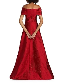 Floral Jacquard Bow-Shoulder Gown