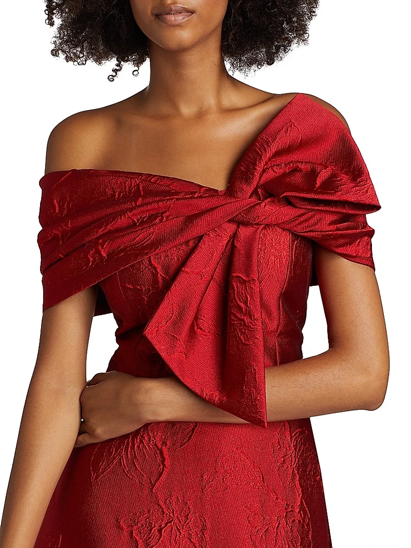 Floral Jacquard Bow-Shoulder Gown