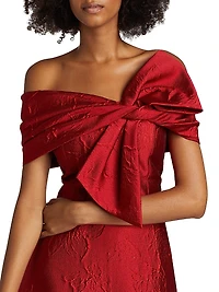 Floral Jacquard Bow-Shoulder Gown