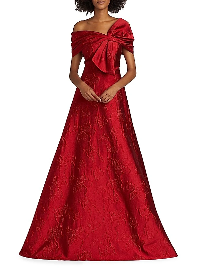 Floral Jacquard Bow-Shoulder Gown