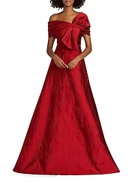 Floral Jacquard Bow-Shoulder Gown