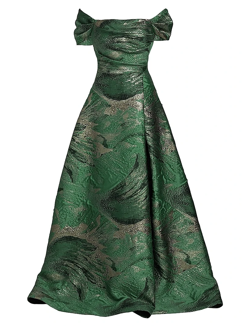 Leaf Metallic Jacquard Off-the-Shoulder Gown