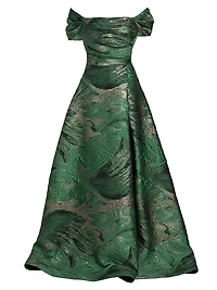 Leaf Metallic Jacquard Off-the-Shoulder Gown