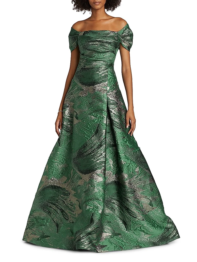 Leaf Metallic Jacquard Off-the-Shoulder Gown