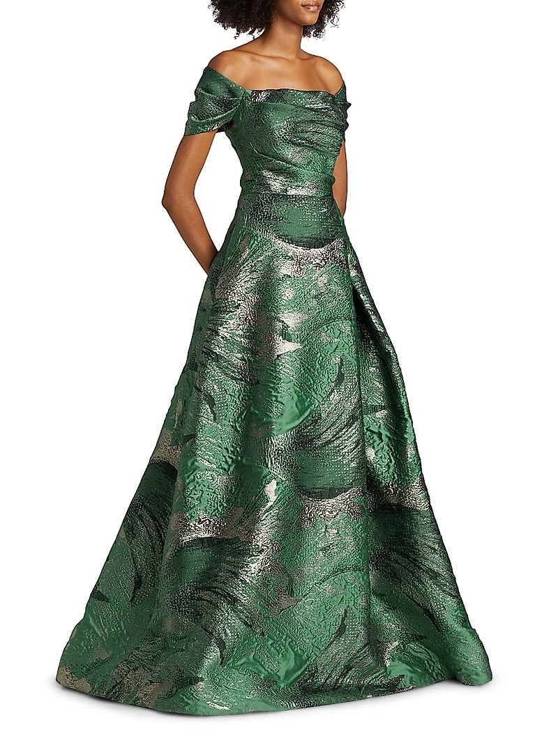 Leaf Metallic Jacquard Off-the-Shoulder Gown