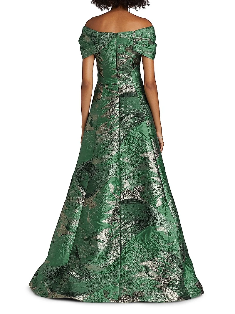 Leaf Metallic Jacquard Off-the-Shoulder Gown