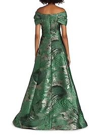 Leaf Metallic Jacquard Off-the-Shoulder Gown