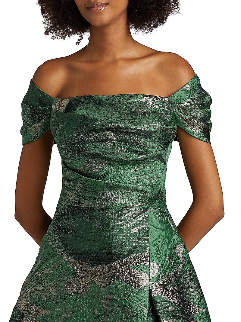 Leaf Metallic Jacquard Off-the-Shoulder Gown