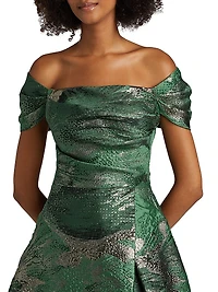 Leaf Metallic Jacquard Off-the-Shoulder Gown