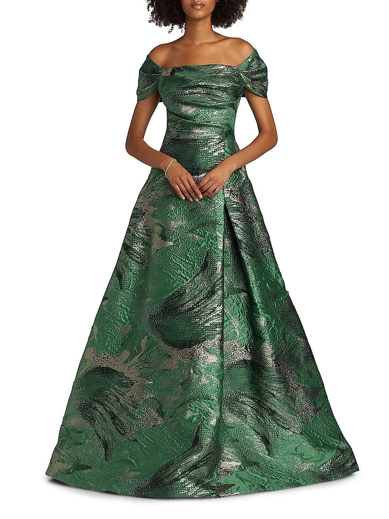 Leaf Metallic Jacquard Off-the-Shoulder Gown