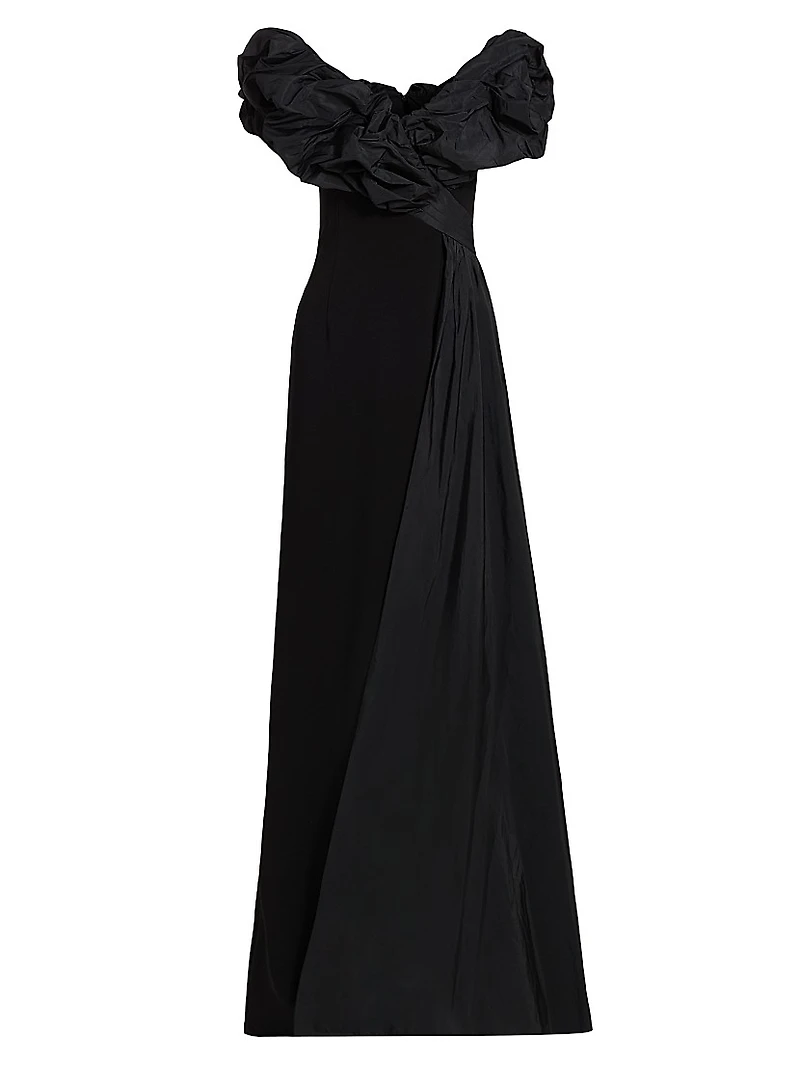 Scrunch Taffeta & Crêpe Off-the-Shoulder Gown