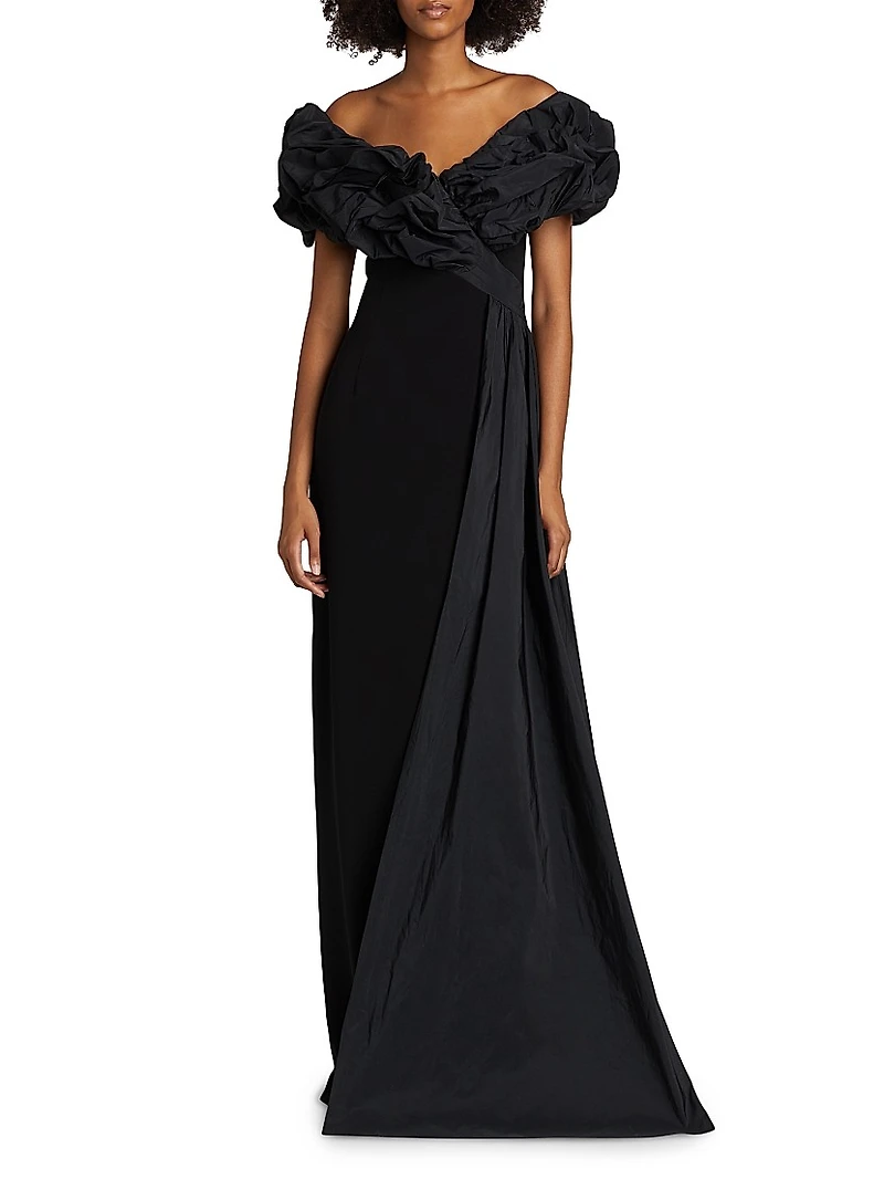 Scrunch Taffeta & Crêpe Off-the-Shoulder Gown