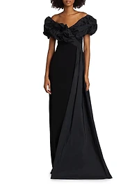 Scrunch Taffeta & Crêpe Off-the-Shoulder Gown